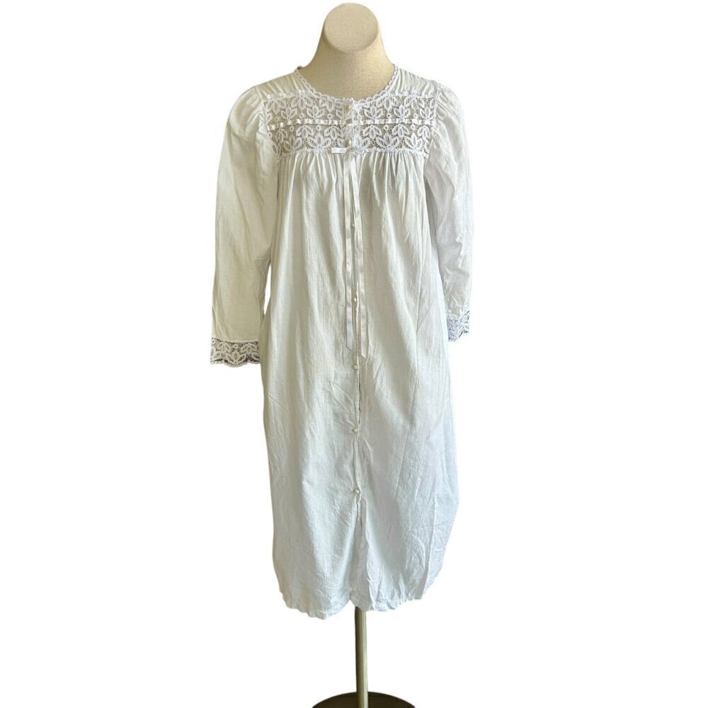 Mum's & Blossums Vintage White Button Front Chemise Cotton Nightgown Size Small